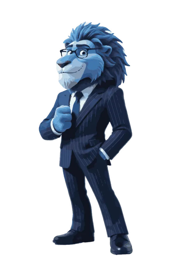 Boss, the BlūLion mascot: a blue lion in a navy pinstripe suit and glasses